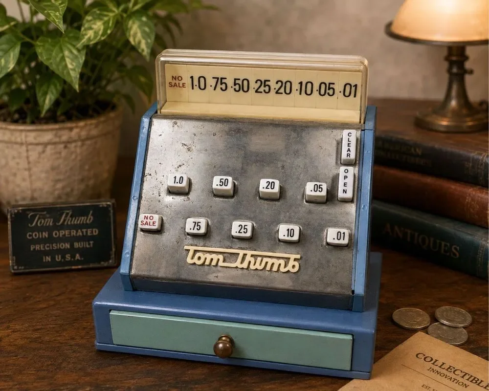 Vintage Blue Tom Thumb Toy Cash Register  Made in England- Works. US Pat￼￼